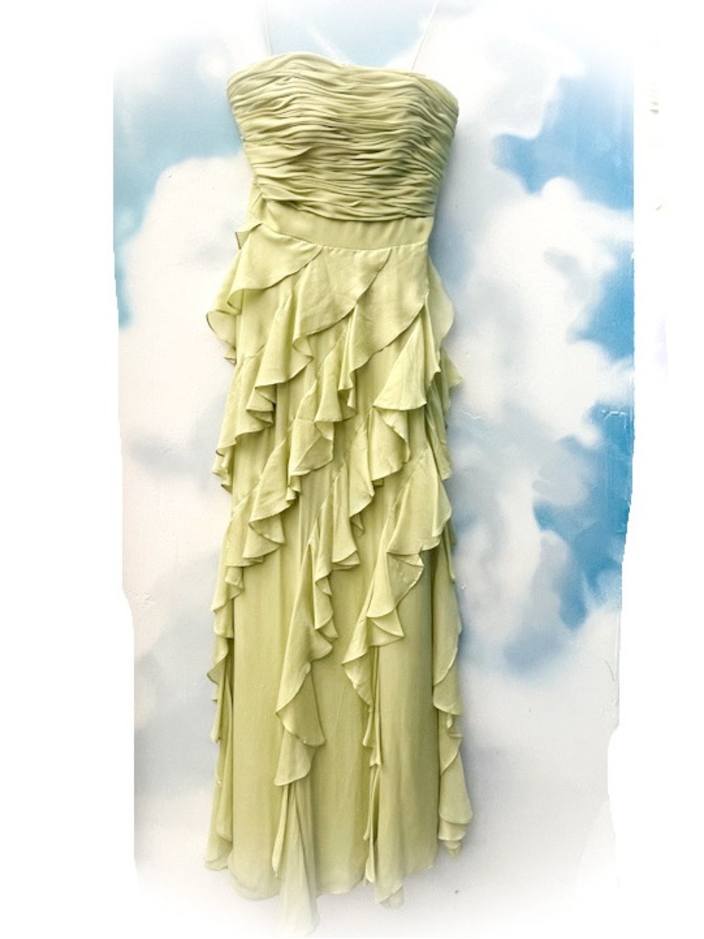 Badgley Mischka fae green ruffle gown
